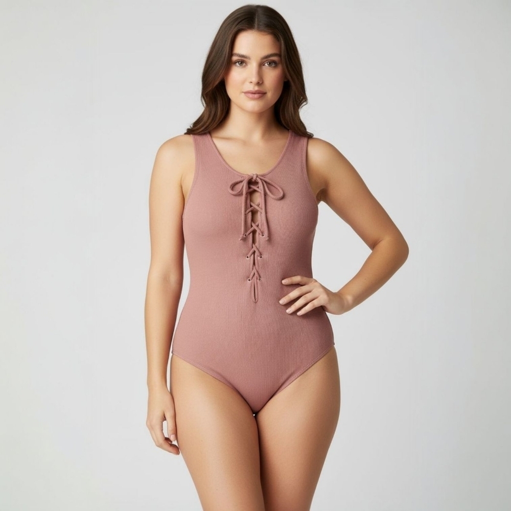 Tularosa Ribbed Lace-Up Thong Bodysuit - Boho Festival Chic  - Size M